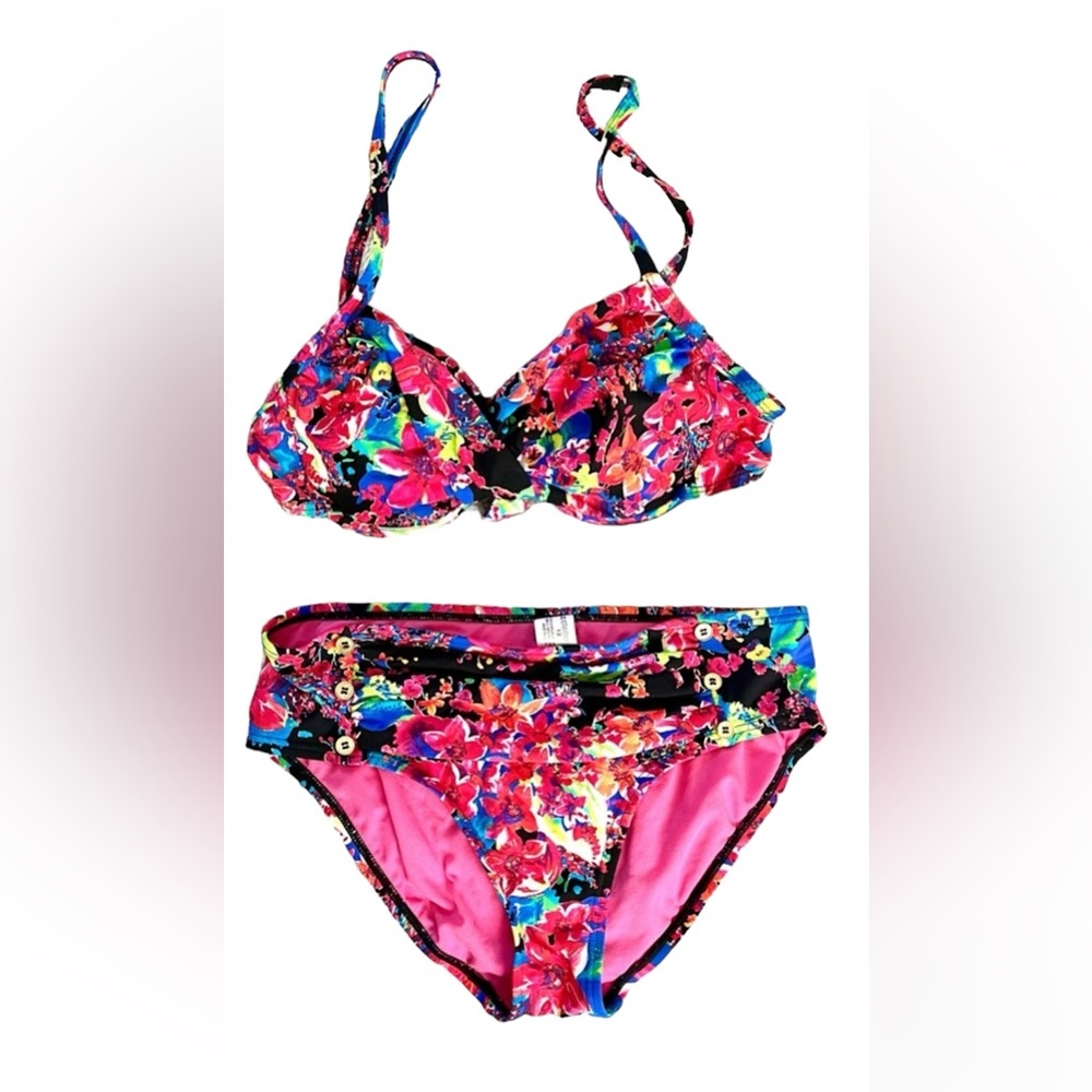 LIZ CLAIBORNE Floral Two-Piece Bikini High-Waisted Adjustable Tie, Size 10-12